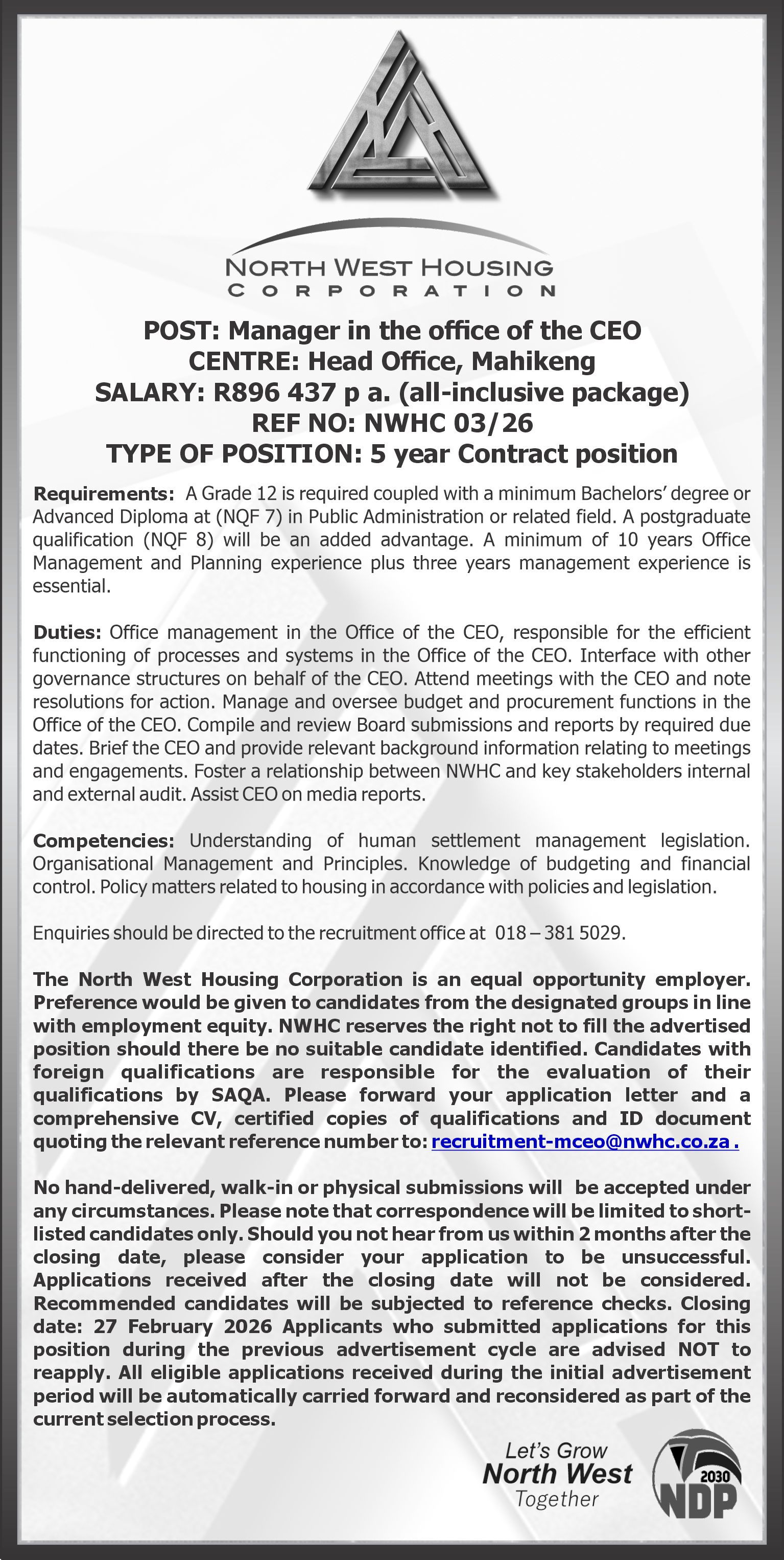 Re - advertised post (manager office of the CEO)